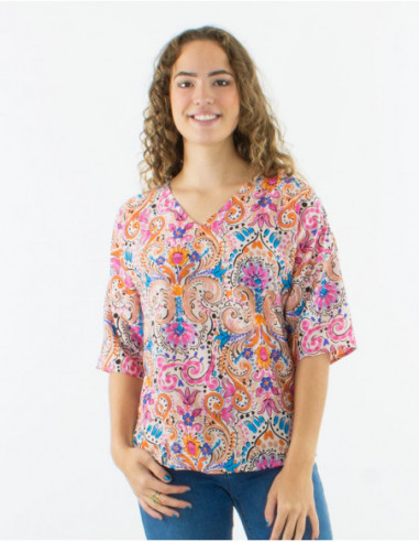 3/4-sleeve cashmere printed blouse