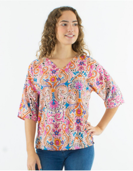 3/4-sleeve cashmere printed blouse