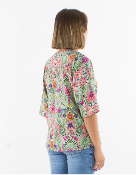 3/4-sleeve cashmere printed blouse