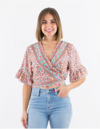 Crop top cache cœur fleuri à volants