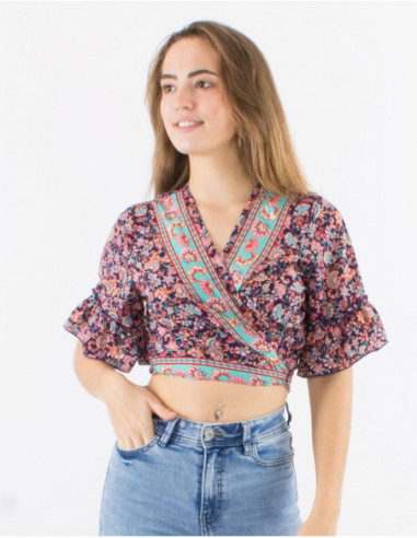 Crop top cache cœur fleuri à volants
