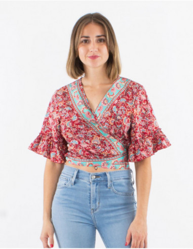 Crop top cache cœur fleuri à volants