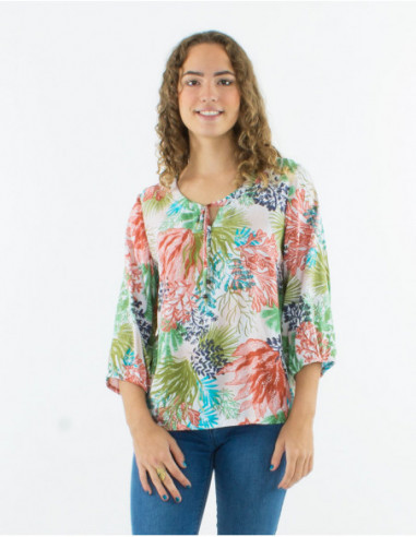 Blouse ample en viscose motif tropical