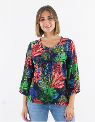 Blouse ample en viscose motif tropical