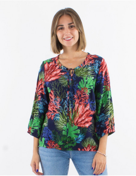 Blouse ample en viscose motif tropical
