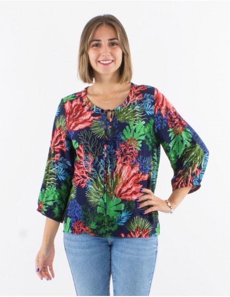 Blouse ample en viscose motif tropical