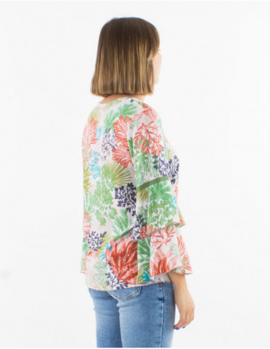 Tropical blouse with ruffled sleeves