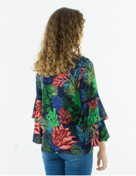 Tropical blouse with ruffled sleeves