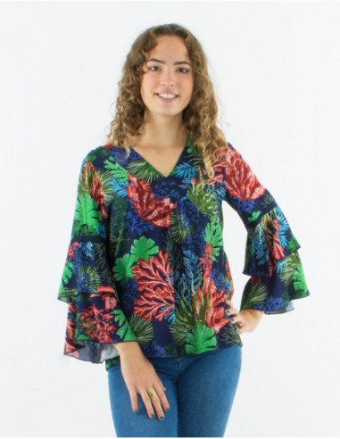 Tropical blouse with ruffled sleeves