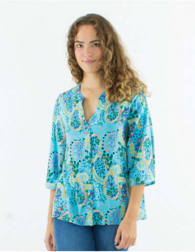 3/4-sleeve pastel cashmere printed shirt