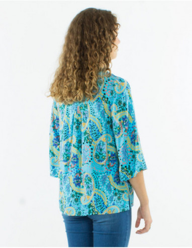 3/4-sleeve pastel cashmere printed shirt