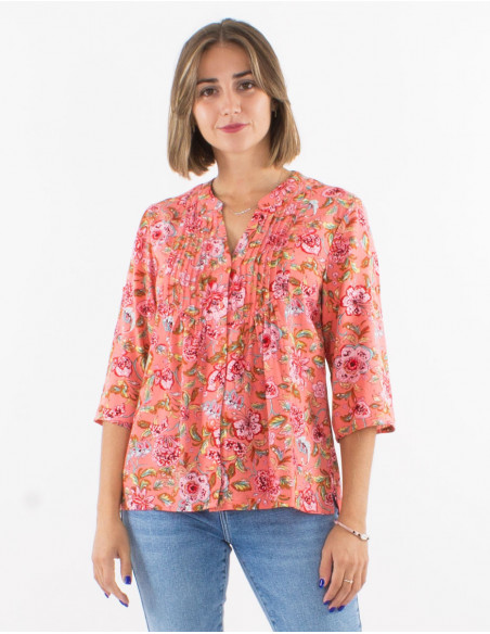 Bohemian floral pleated collar shirt