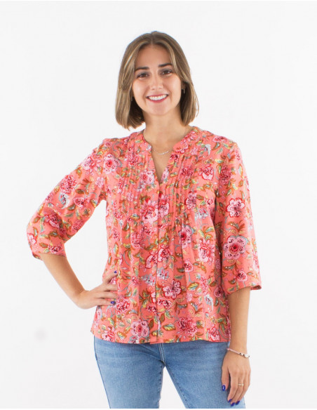 Chemise bohème fleurie col plissé