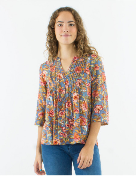 Bohemian floral pleated collar shirt
