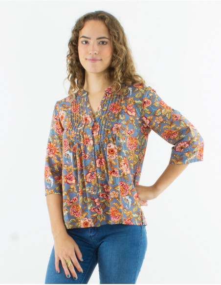 Bohemian floral pleated collar shirt