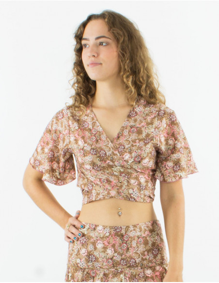 Crop top cache cœur romantique fleuri
