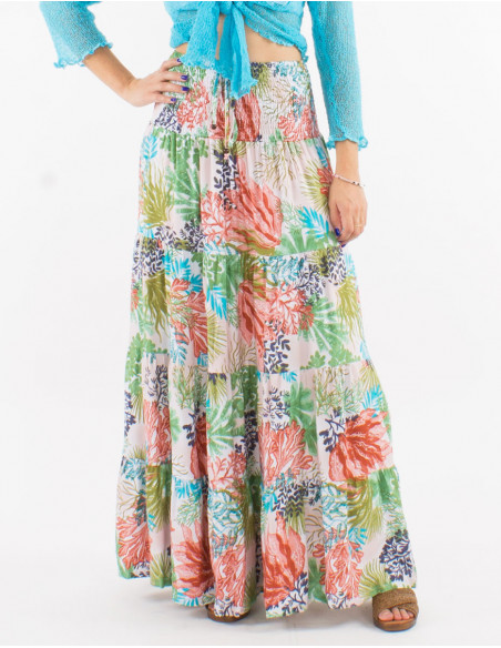 Tropical print long skirt with ruffles