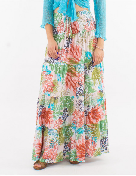 Tropical print long skirt with ruffles