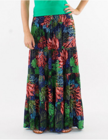 Tropical print long skirt with ruffles