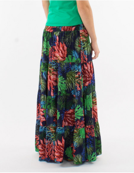 Jupe longue à volants imprimée tropical