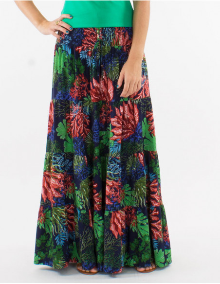 Jupe longue à volants imprimée tropical
