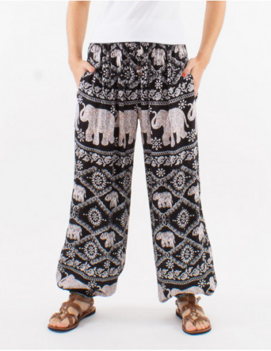Pantalon fluide motif éléphant hippie