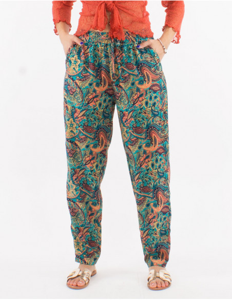Pantalon droit boho fluide motifs dorés