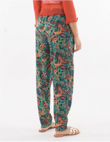 Pantalon droit boho fluide motifs dorés