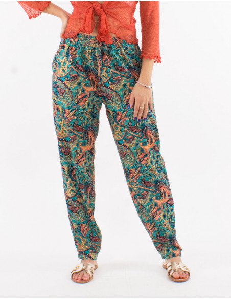 Pantalon droit boho fluide motifs dorés