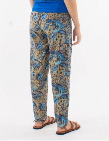 Pantalon droit boho fluide motifs dorés