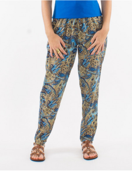 Pantalon droit boho fluide motifs dorés