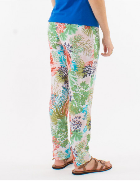 Pantalon fluide droit à imprimé tropical