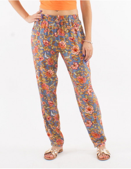 Pantalon droit été à fleurs aquarelles