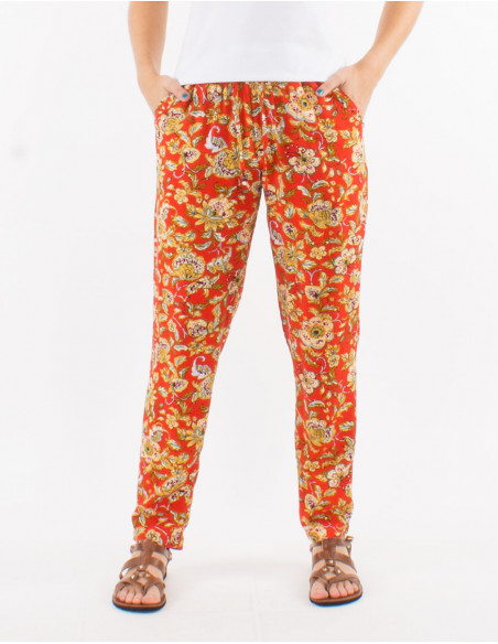 Pantalon droit été à fleurs aquarelles