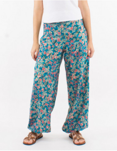 Pantalon élastiqué bohème fleuri doré