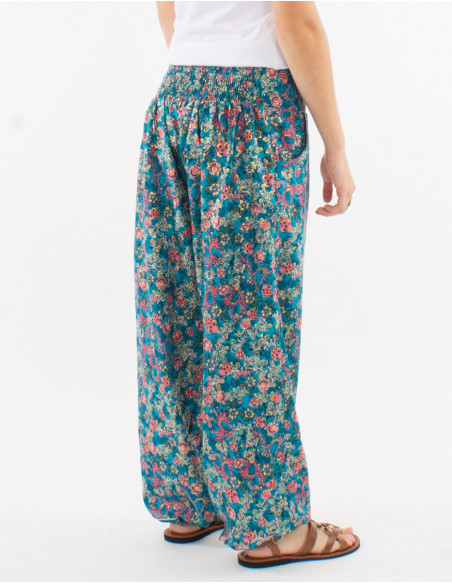 Pantalon élastiqué bohème fleuri doré