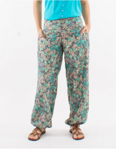 Pantalon élastiqué bohème fleuri doré