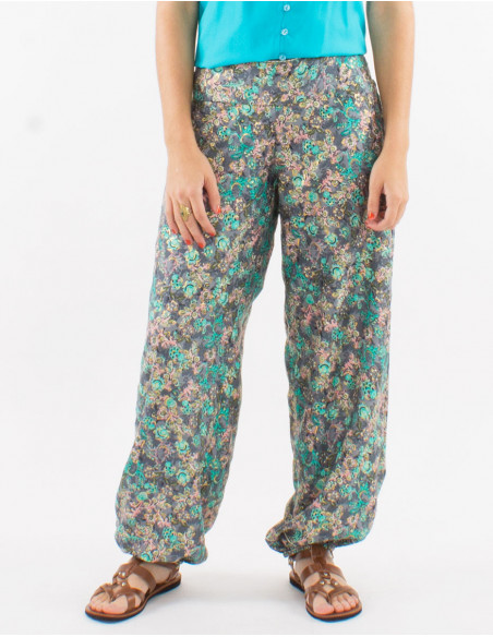 Pantalon élastiqué bohème fleuri doré