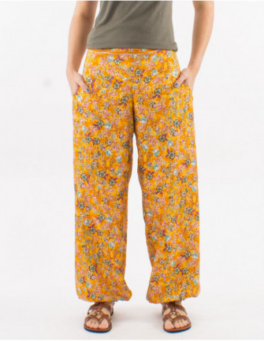 Pantalon élastiqué bohème fleuri doré