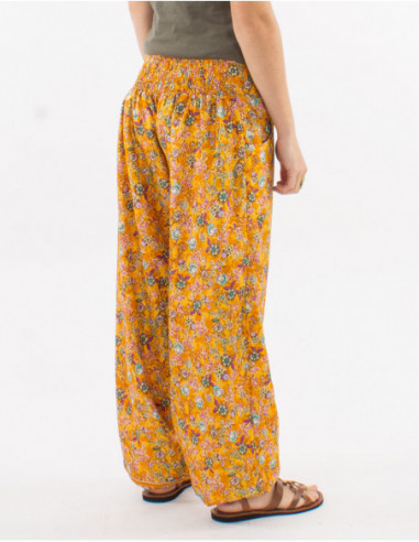 Gold floral bohemian elastic pants