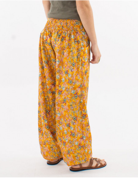 Gold floral bohemian elastic pants