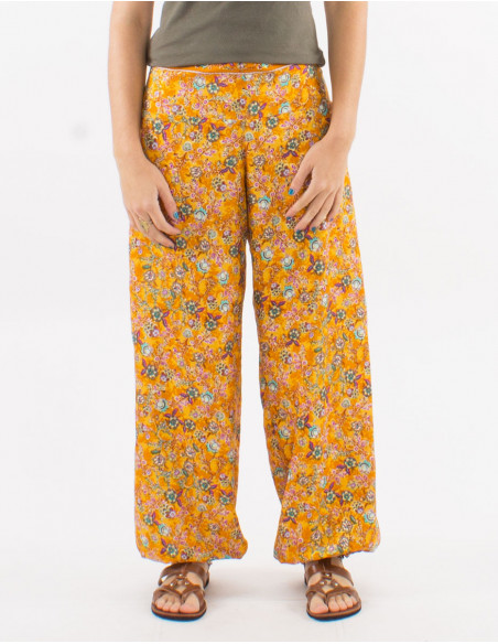Gold floral bohemian elastic pants