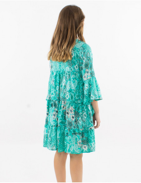 Silver paisley print dress with ruffles