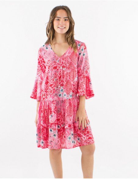 Silver paisley print dress with ruffles