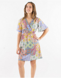 Patchwork patterns dress with Heart Neck