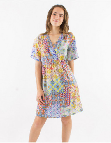 Patchwork patterns dress with Heart Neck