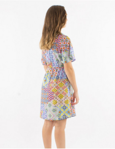 Patchwork patterns dress with Heart Neck