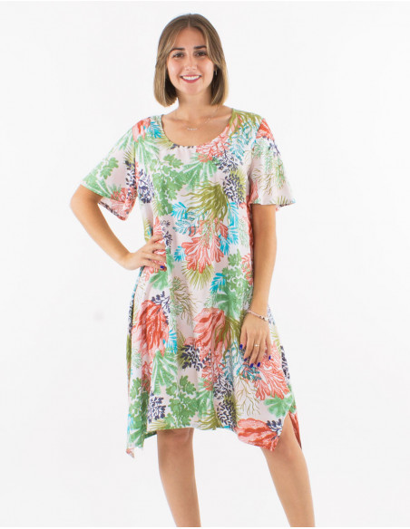 Straight dress in viscose tropical patte