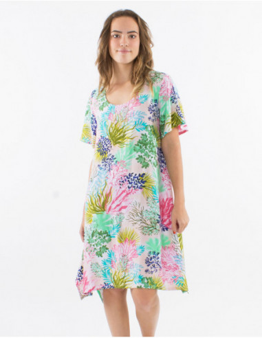 Straight dress in viscose tropical patte