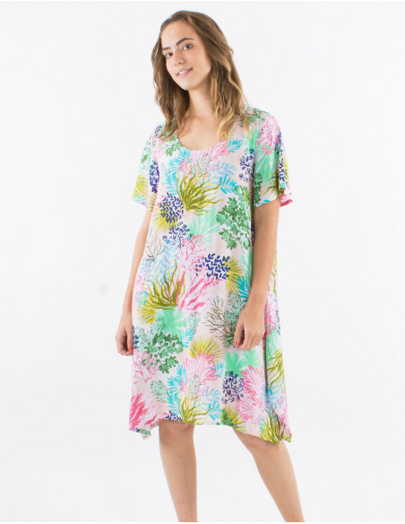 Robe droite en viscose motif tropical